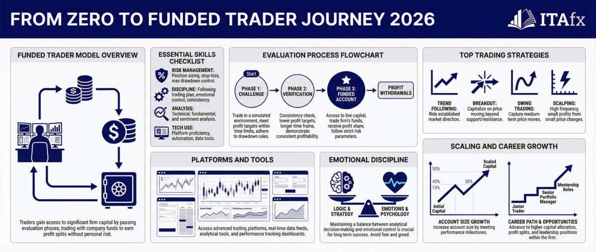 Infográfico - From zero to funded trader journey 2026: complete guide Infográfico - From zero to funded trader journey 2026: complete guide