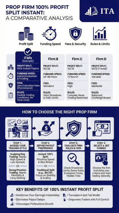 Infográfico - Prop Firm 100% Profit Split Instant Guide 2026 Infográfico - Prop Firm 100% Profit Split Instant Guide 2026