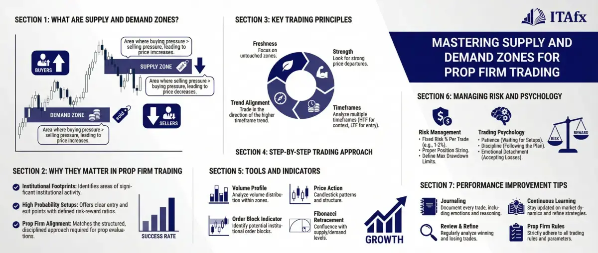 Infográfico - How to master supply and demand zones for prop firm wins Infográfico - How to master supply and demand zones for prop firm wins