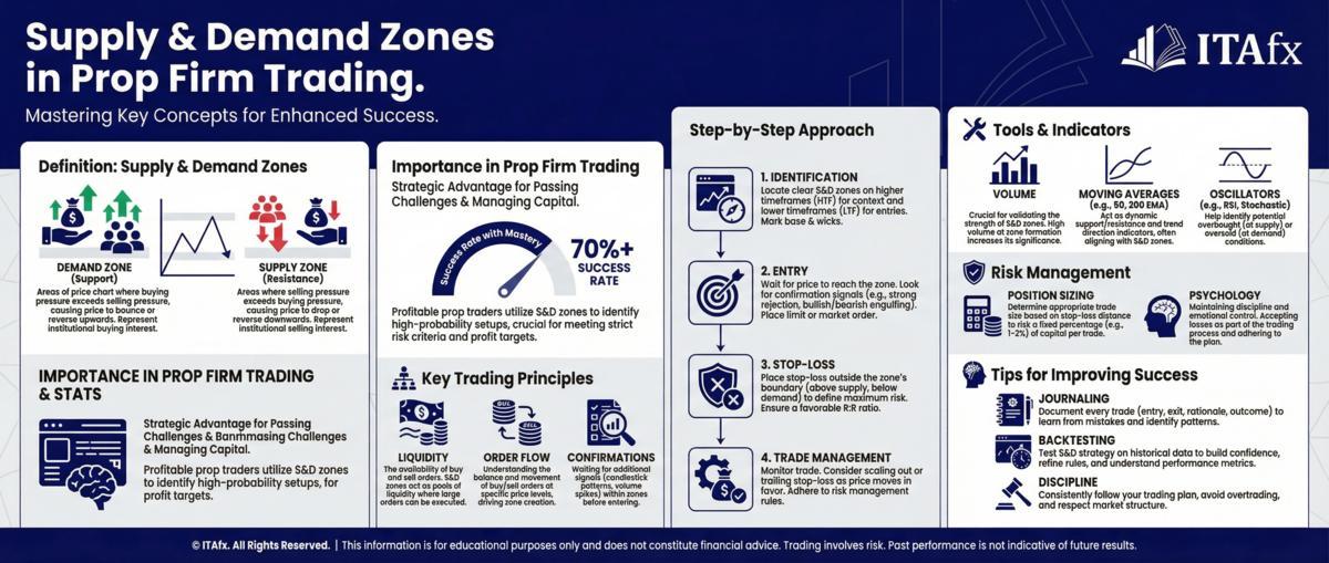 Infográfico - How to master supply and demand zones for prop firm wins